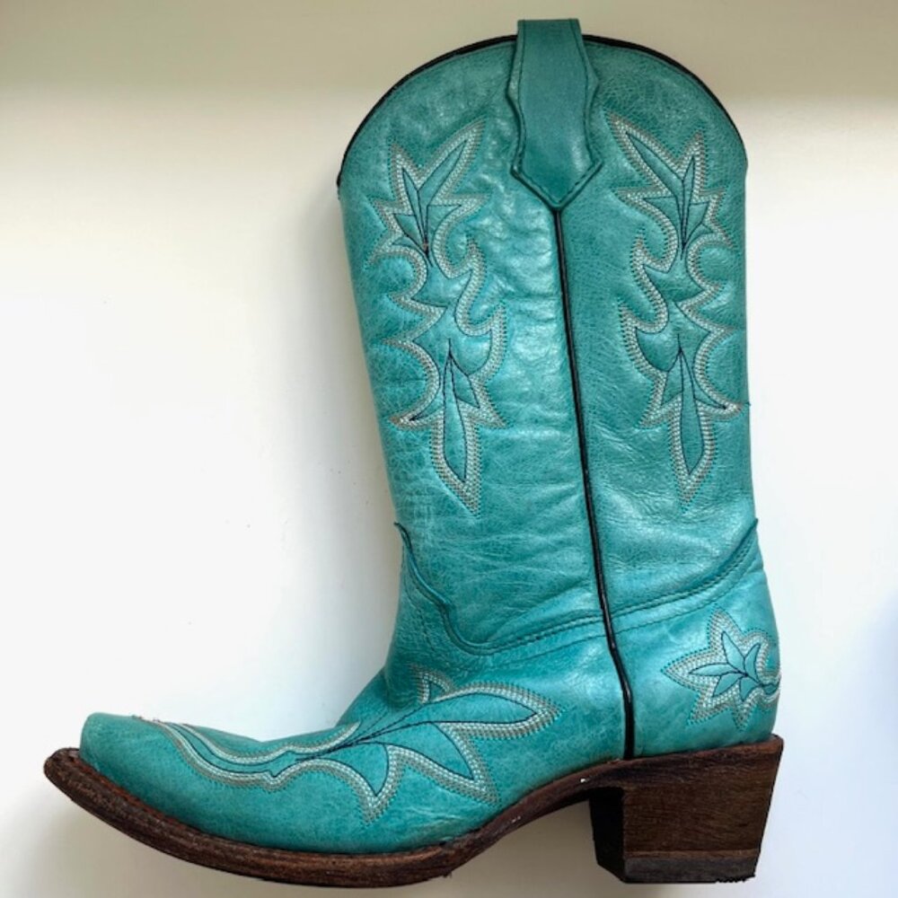 Corral Hand-crafted Embroidered Leather Cowboy Boots in Teal | Women's Size 6 - Picture 4 of 10